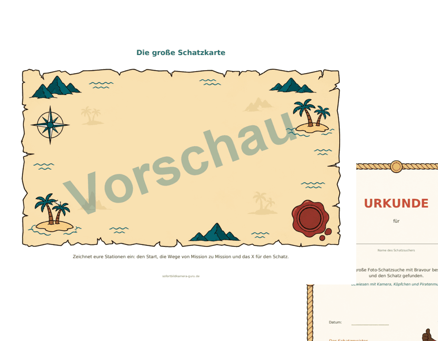 Vorschau der Schatzkarte und der Urkunde aus dem gratis Set