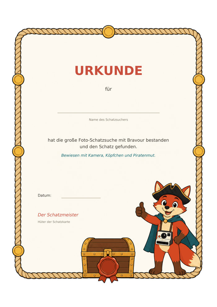 Urkunde aus dem gratis Set der Foto-Schatzsuche, Vorschau